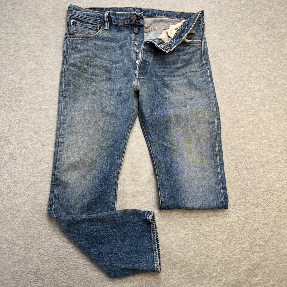 Levis Jeans Mens 36x30 (34x29) Blue 501 Button Fly Classic Fit Straight Distress